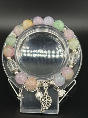 Multicolor Pastel Bead Charm Bracelet with Leaf Pendant
